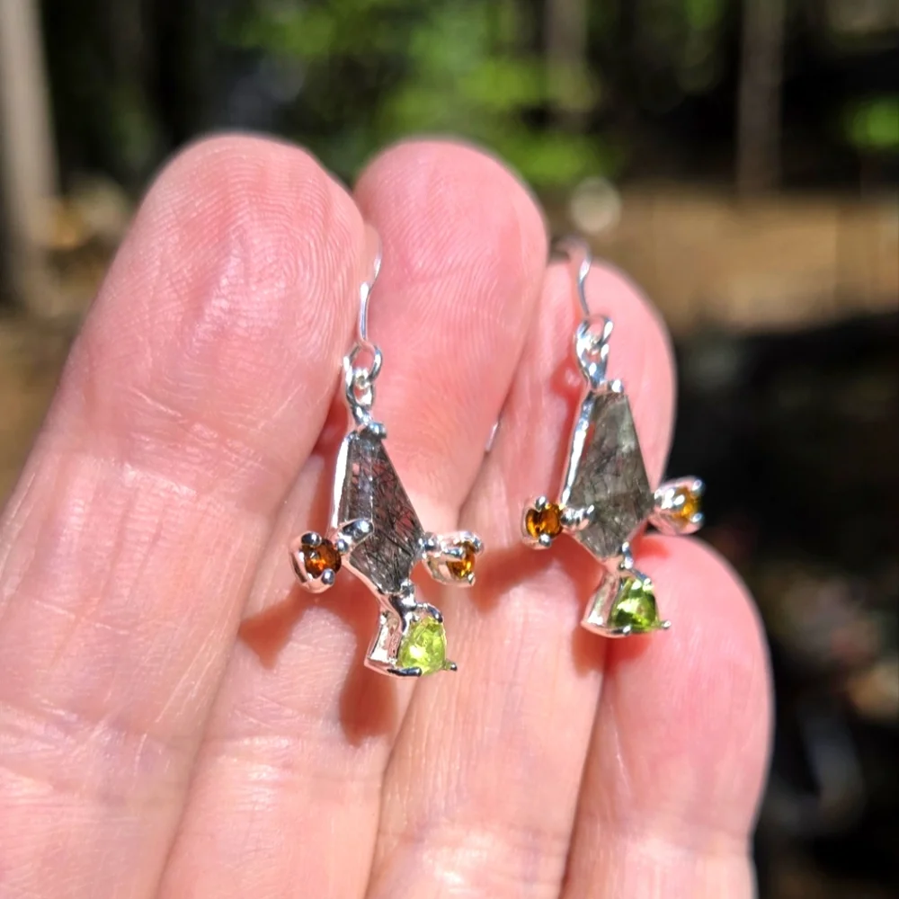 Rutilated Natural quarts Garnets & Peridot Sterling Earrings - Picture 6 of 10
